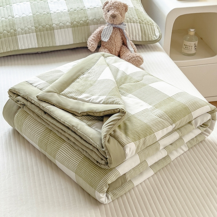 91家纺网 家纺一手货源 找家纺 慕木 2025春夏新款双层纱针织棉夏被夏凉被空调被 莫奈绿格