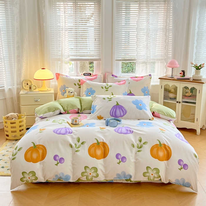 91家纺网 家纺一手货源 找家纺 世爵 2025新款全棉印花小清新套件系列-四件套 南瓜派