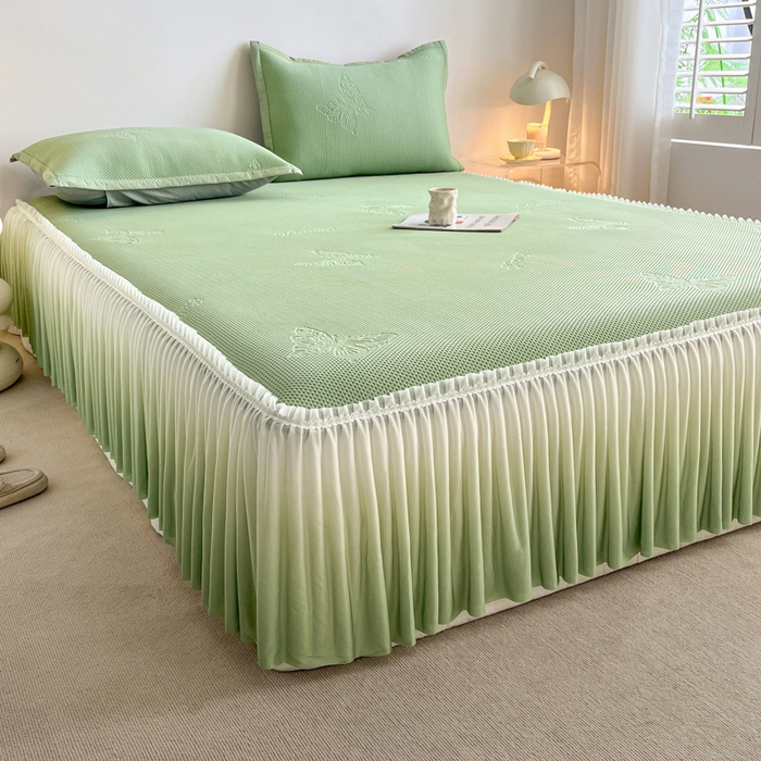 91家纺网 家纺一手货源 找家纺 安哆啦家纺 2025新款凉感冰豆豆花边凉席三件套系列 豆豆床裙-果绿