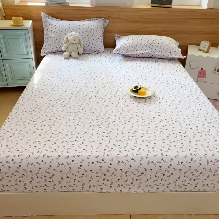 91家纺网 家纺一手货源 找家纺 默忆 2025新款针织双层纱印花糯小棉床笠 粉玫瑰