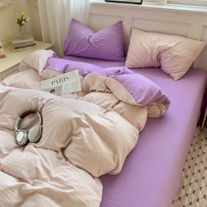 91家纺网 家纺一手货源 找家纺 冕悠家纺 2025新款A类105克超柔褶皱水洗棉拼色四件套 藕粉+丁香紫