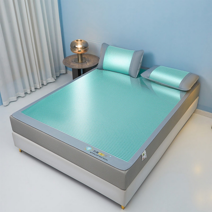 91家纺网 家纺一手货源 找家纺 2025新款凉席抗菌三明治可水洗碳光冰丝席宽边刺绣冰丝席 素夏 薄荷绿-床笠款