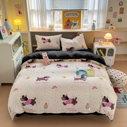 冕悠家纺 2025新款A类高克重糯叽叽超柔糯水洗棉印花四件套 蛋糕奶狗