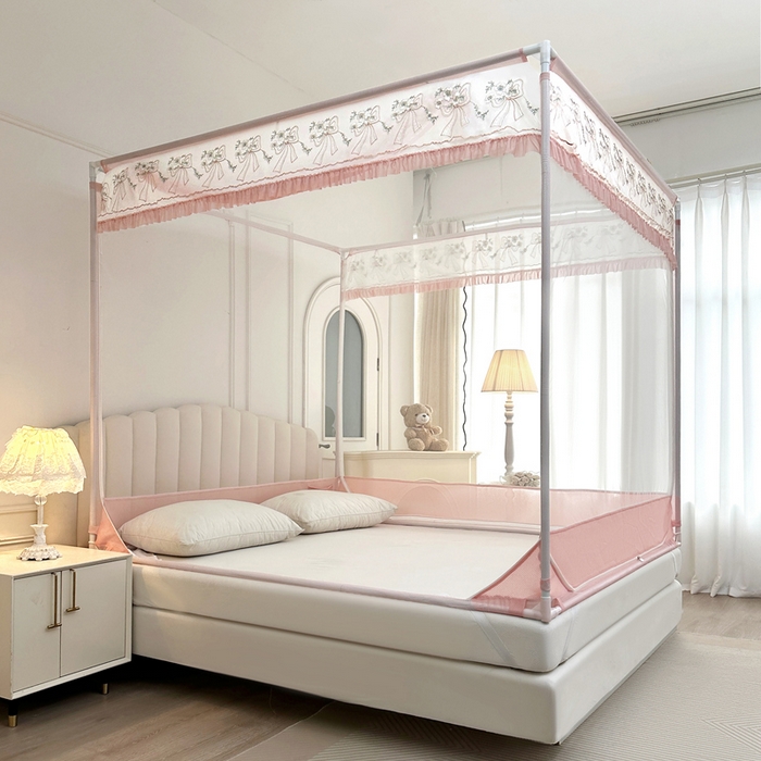 91家纺网 家纺一手货源 找家纺 2025新款双层花边全包围床笠款三开门蚊帐-幽梦星辰 藕玉