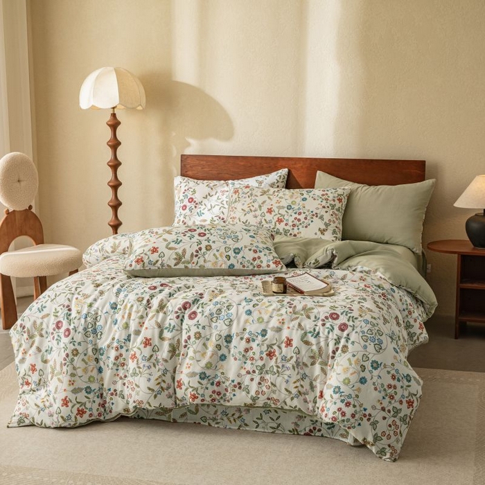 91家纺网 家纺一手货源 找家纺 2025新款40s全棉双层纱圆角吊边款四件套 美式田园