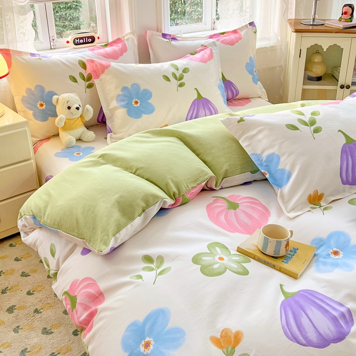 91家纺网 家纺一手货源 找家纺 世爵 2025新款全棉印花小清新套件系列-四件套 南瓜派