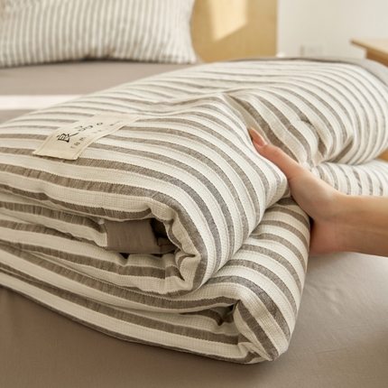 寐绸家纺 2025新款纯棉水洗棉简约条纹提花大豆纤维夏被四件套 简约条纹-驼色
