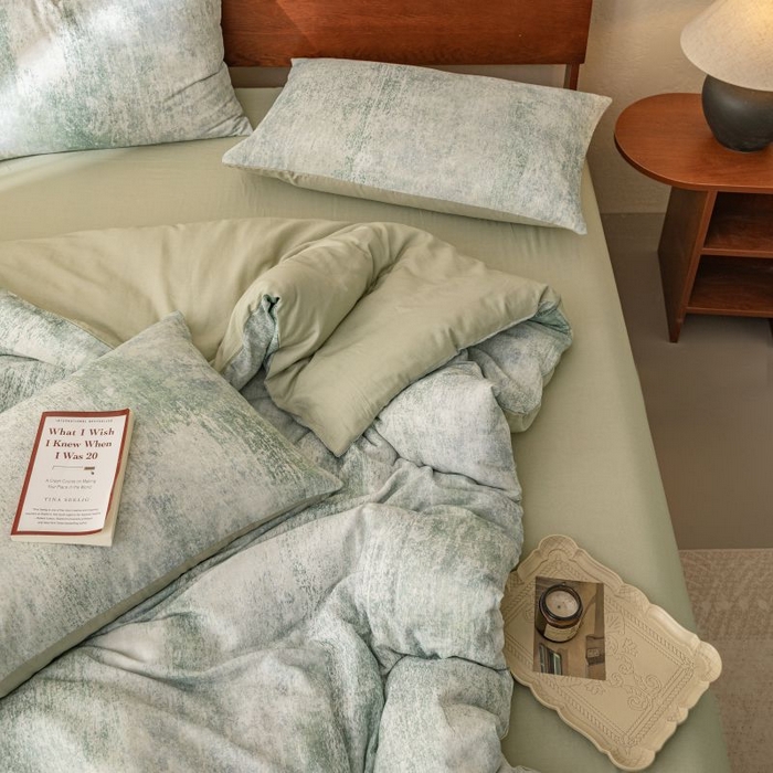 91家纺网 家纺一手货源 找家纺 2025新款40s全棉双层纱圆角吊边款四件套 浮生-灰绿