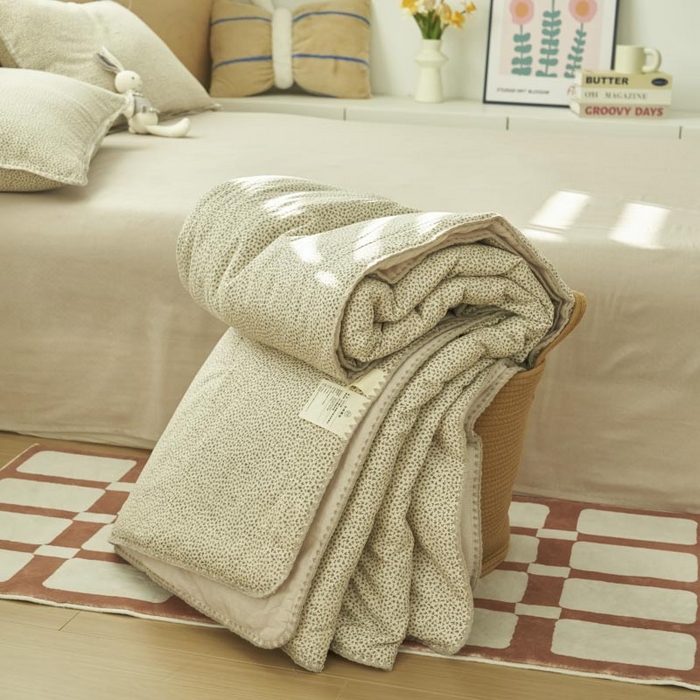 91家纺网 家纺一手货源 找家纺 寐绸家纺 2025新款纯棉双层纱印花大豆纤维夏被四件套 双层纱-半夏