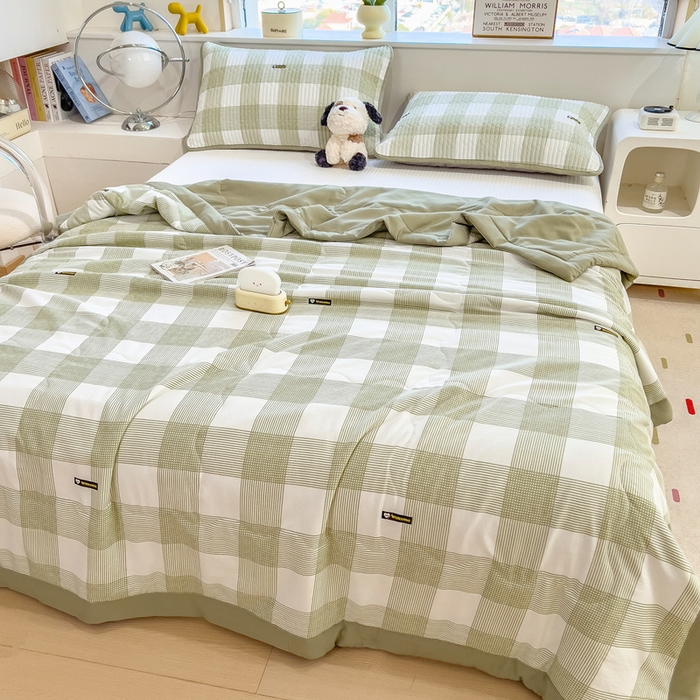 91家纺网 家纺一手货源 找家纺 慕木 2025春夏新款双层纱针织棉夏被夏凉被空调被 莫奈绿格