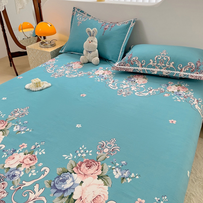 91家纺网 家纺一手货源 找家纺 梵克保罗 2025新款鱼骨棉老粗布凉席花边款床单三件套 欧式风情-蓝