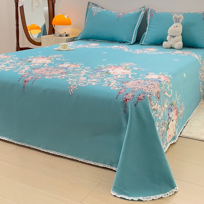 91家纺网 家纺一手货源 找家纺 梵克保罗 2025新款鱼骨棉老粗布凉席花边款床单三件套 欧式风情-蓝