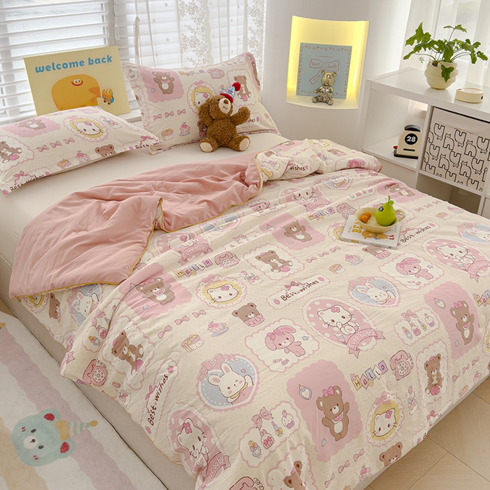 91家纺网 家纺一手货源 找家纺 星巴k家纺 2025新款A类水洗双层纱大豆纤维夏被夏凉被空调被 粉色小熊