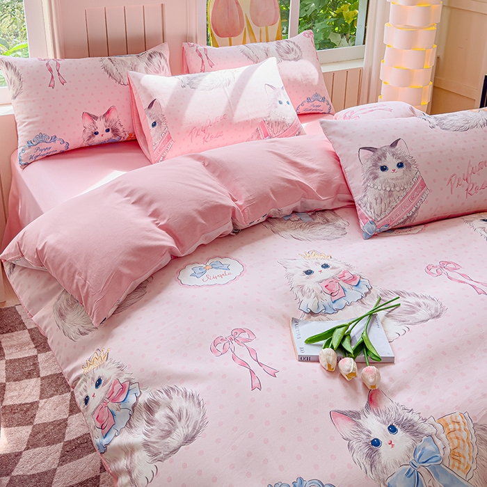 91家纺网 家纺一手货源 找家纺 澳梵家居 2025新款小清新全棉印花四件套 优雅猫咪