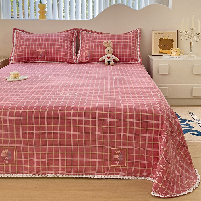 91家纺网 家纺一手货源 找家纺 梵克保罗 2025新款鱼骨棉老粗布凉席花边款床单三件套 格韵-粉