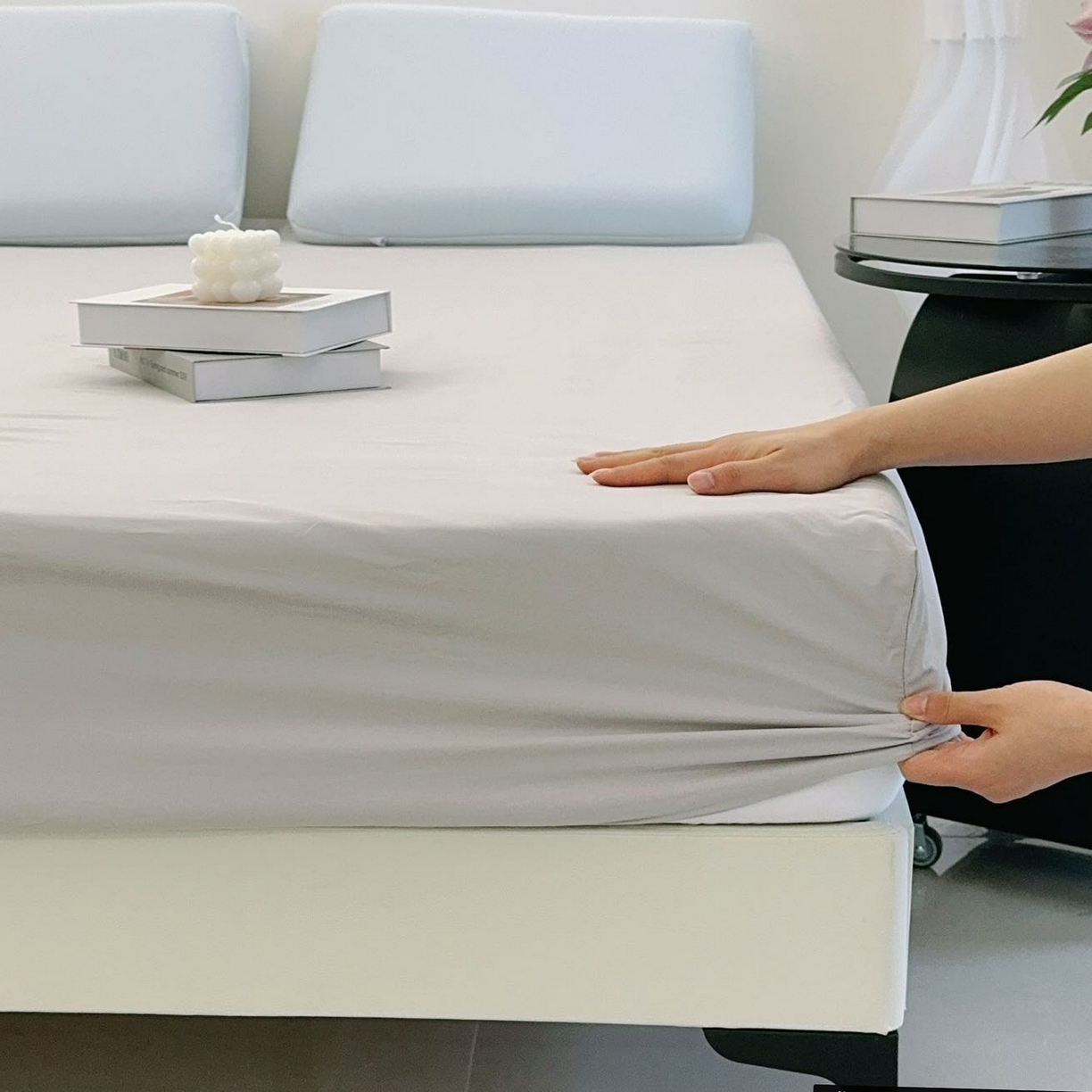 91家纺网 家纺一手货源 找家纺 兜米家居 2025新款纯色全棉床笠 薄雾灰