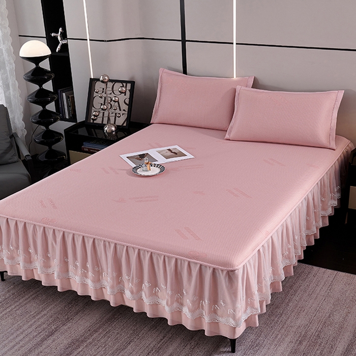 91家纺网 家纺一手货源 找家纺 梵克保罗 2025新款7A抗菌母婴级纯乙纶PE刺绣凉感丝豆豆席 床裙款 床裙款 字母爱心-粉