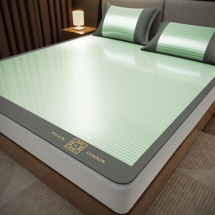 孩子王家纺 2025凉感冰丝藤席凉席席子-英文条纹席 海松绿床笠