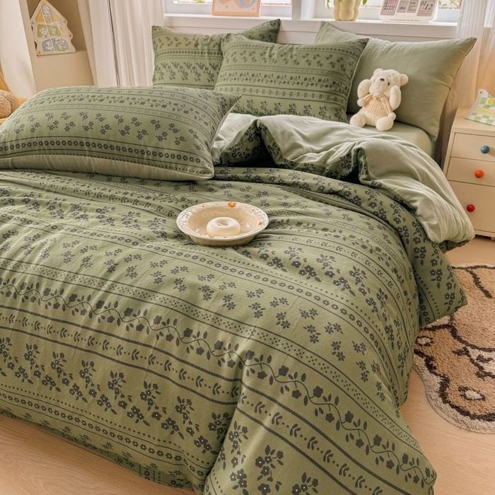 91家纺网 家纺一手货源 找家纺 2025新款40s全棉双层纱圆角吊边款四件套 爱丽丝花园-橄榄绿