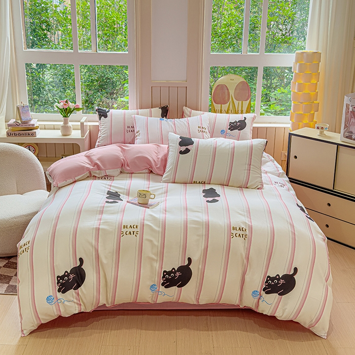 91家纺网 家纺一手货源 找家纺 澳梵家居 2025新款小清新全棉印花四件套 小黑猫与毛线团