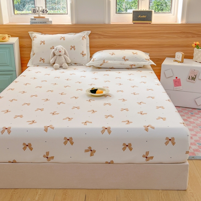 91家纺网 家纺一手货源 找家纺 默忆 2025新款针织双层纱印花糯小棉床笠 蝴蝶结