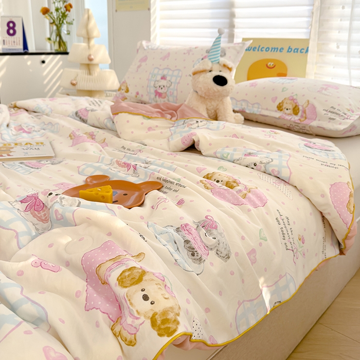 91家纺网 家纺一手货源 找家纺 星巴k家纺 2025新款A类水洗双层纱大豆纤维夏被夏凉被空调被 狗狗派对