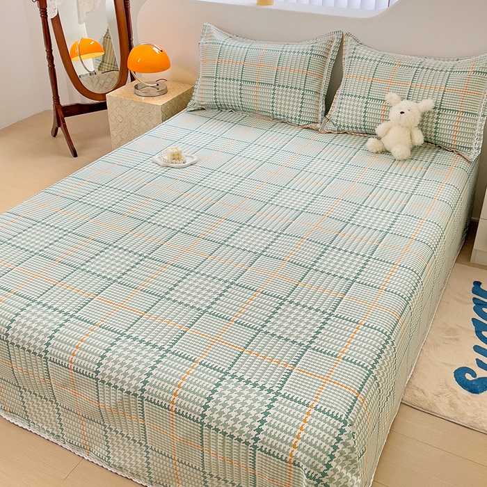 91家纺网 家纺一手货源 找家纺 梵克保罗 2025新款鱼骨棉老粗布凉席花边款床单三件套 千鸟格