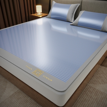 孩子王家纺 2025凉感冰丝藤席凉席席子-英文条纹席 宝石蓝床笠