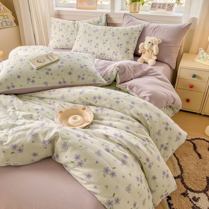 91家纺网 家纺一手货源 找家纺 2025新款40s全棉双层纱圆角吊边款四件套 浅梦-紫