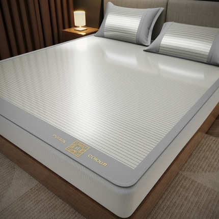 孩子王家纺 2025凉感冰丝藤席凉席席子-英文条纹席 高级灰床笠