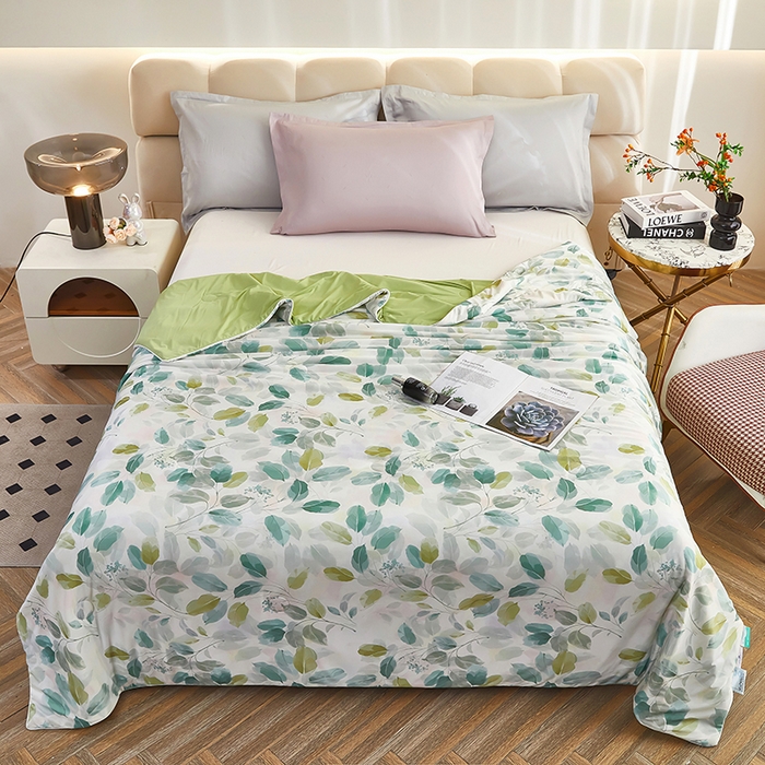 91家纺网 家纺一手货源 找家纺 联林2025新款玻尿酸针织凉感丝夏被夏凉被 叶知秋 绿