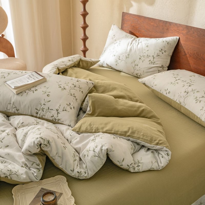 91家纺网 家纺一手货源 找家纺 2025新款40s全棉双层纱圆角吊边款四件套 叶初-绿