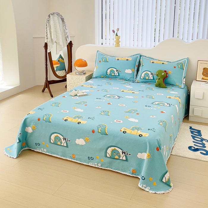 91家纺网 家纺一手货源 找家纺 梵克保罗 2025新款鱼骨棉老粗布凉席花边款床单三件套 恐龙日记