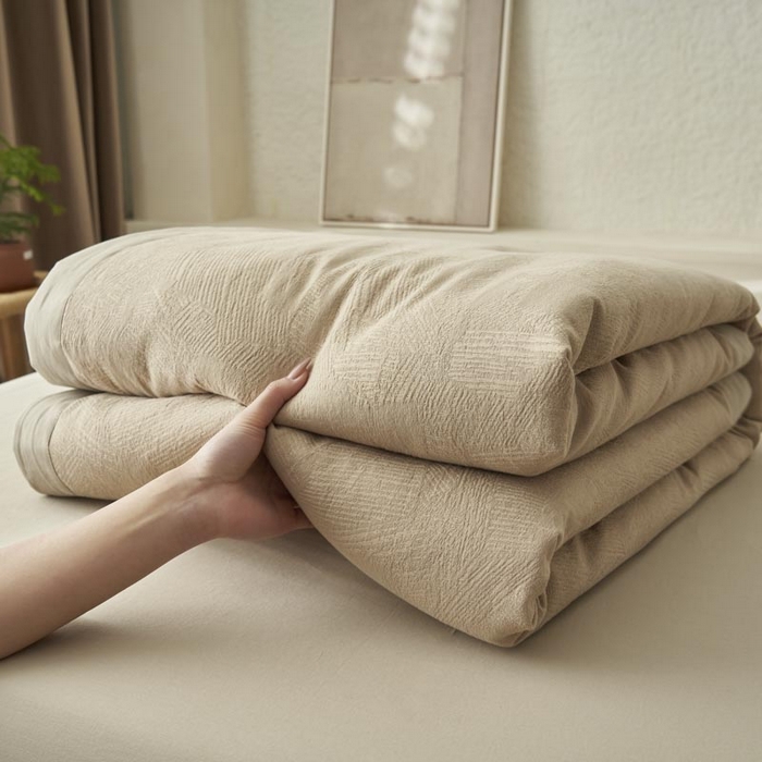 91家纺网 家纺一手货源 找家纺 寐绸家纺 2025新款纯棉水洗棉三层提花大豆纤维夏被四件套 肌理纹夏被-驼色