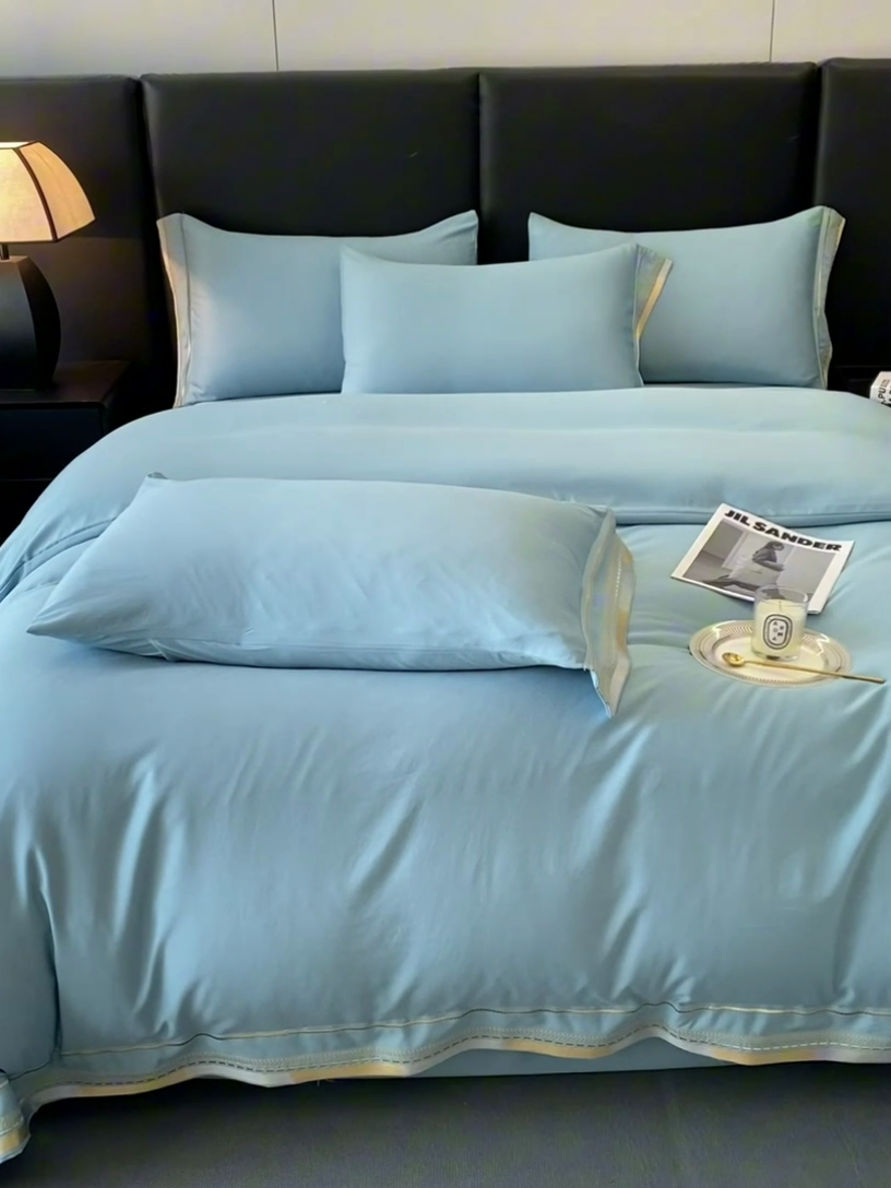 91家纺网 家纺一手货源 找家纺 金阳光家纺 2025新款莱赛尔天丝刺绣四件套 浅天蓝