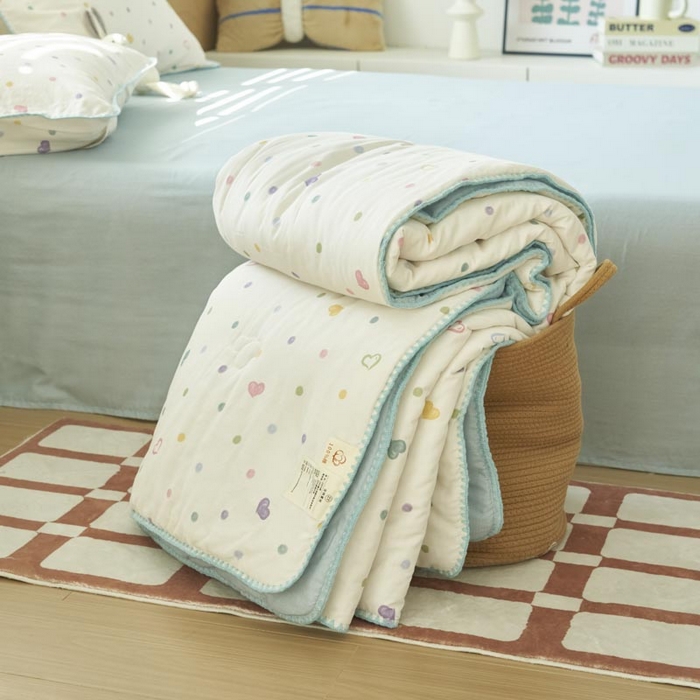 91家纺网 家纺一手货源 找家纺 寐绸家纺 2025新款纯棉双层纱印花大豆纤维夏被四件套 双层纱-波点