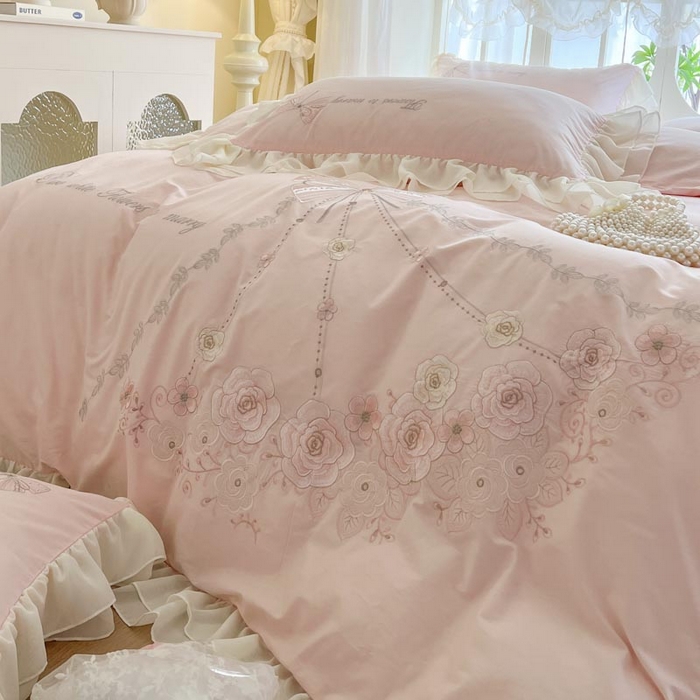 91家纺网 家纺一手货源 找家纺 （总）亲亲公主 2025新款全棉绣花+蕾丝双层花边四件套-奶油玫瑰