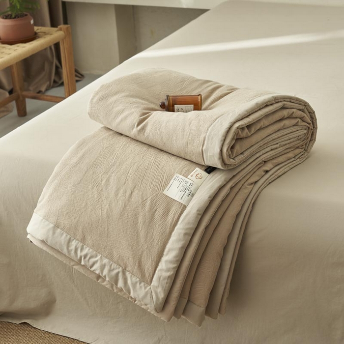 91家纺网 家纺一手货源 找家纺 寐绸家纺 2025新款纯棉水洗棉三层提花大豆纤维夏被四件套 肌理纹夏被-驼色
