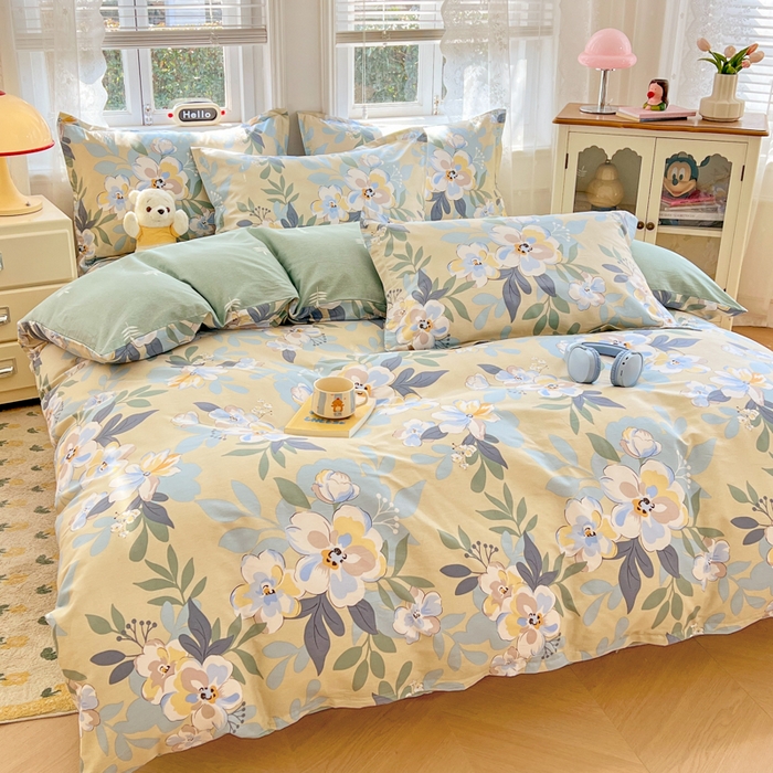 91家纺网 家纺一手货源 找家纺 世爵 2025新款全棉印花小清新套件系列-四件套 木棉花-绿