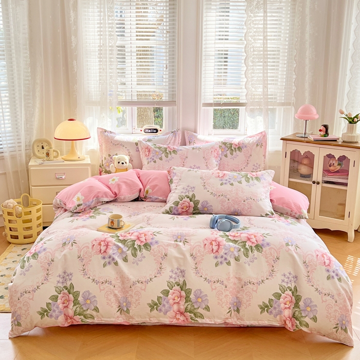 91家纺网 家纺一手货源 找家纺 世爵 2025新款全棉印花小清新单品系列-单被套 花叶倾城-粉