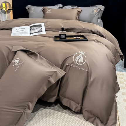 91家纺网 家纺一手货源 找家纺 （总）沃尔居 2025新款全棉纯棉长绒棉四件套刺绣绣花纯色贡缎床笠款高端礼盒装