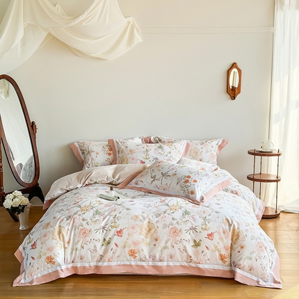 91家纺网 家纺一手货源 找家纺 （总）巧玲珑 2025新款60支A类进口数码印花美式双拼四季款长绒棉四件套