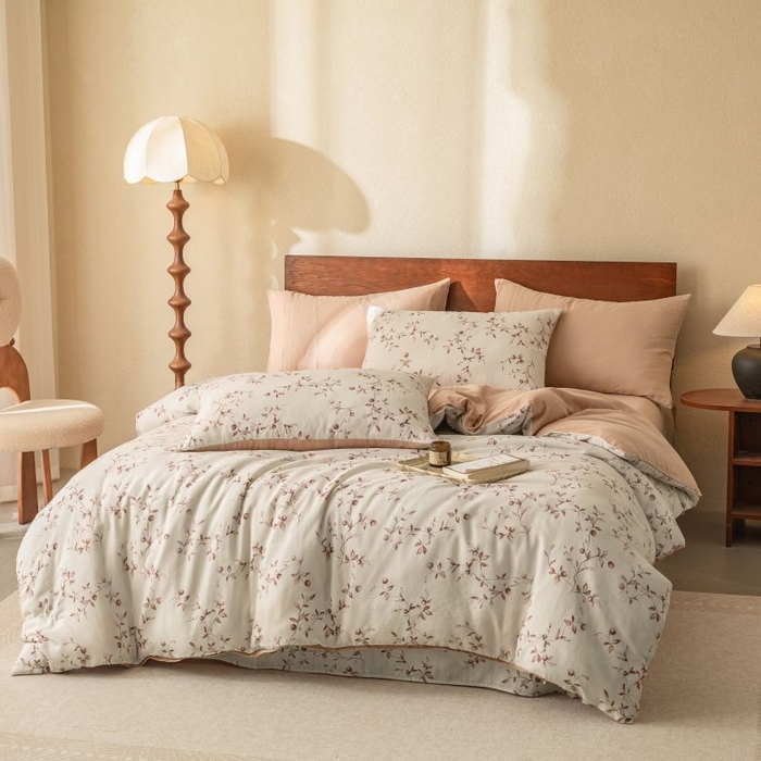 91家纺网 家纺一手货源 找家纺 2025新款40s全棉双层纱圆角吊边款四件套 叶初-咖