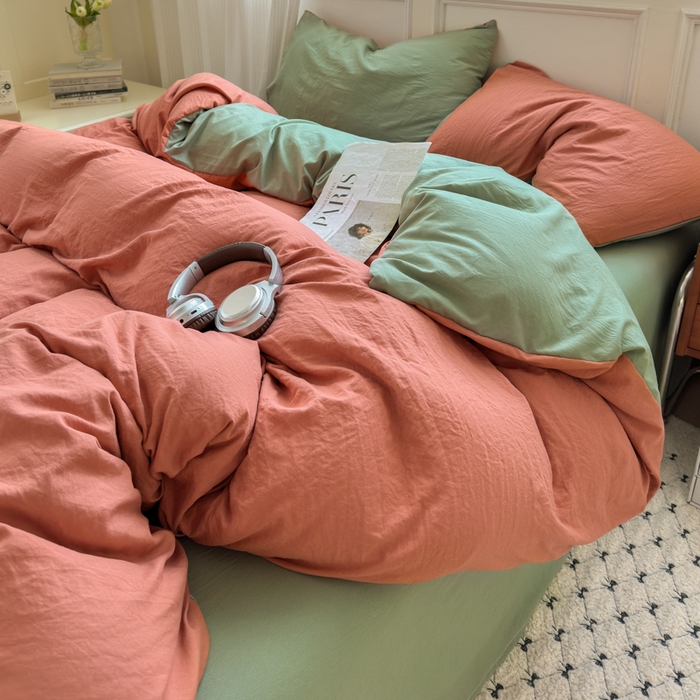 91家纺网 家纺一手货源 找家纺 冕悠家纺 2025新款A类105克超柔褶皱水洗棉拼色四件套-单被套 马仕橙+芥末绿