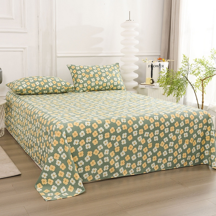 91家纺网 家纺一手货源 找家纺 红日子纺织品 2025新款直播热卖原棉提花锻条老粗布印花床单三件套 繁花-绿