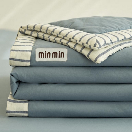 寐绸家纺 2025新款纯棉水洗棉min绣花竖条边大豆纤维夏被四件套 MIN-宾利蓝