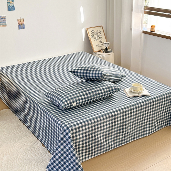 91家纺网 家纺一手货源 找家纺 绒艺席业 2025新款简约原棉印花老粗布床单 浅蓝小格