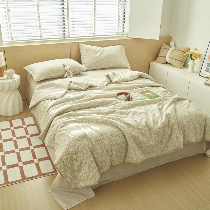 91家纺网 家纺一手货源 找家纺 寐绸家纺 2025新款纯棉双层纱印花大豆纤维夏被四件套 双层纱-半夏