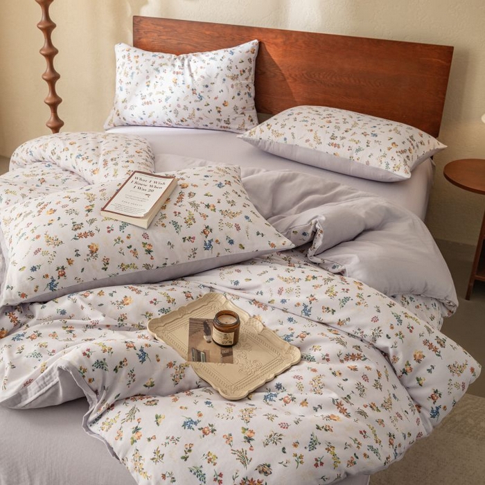 91家纺网 家纺一手货源 找家纺 2025新款40s全棉双层纱圆角吊边款四件套 春色满园-紫