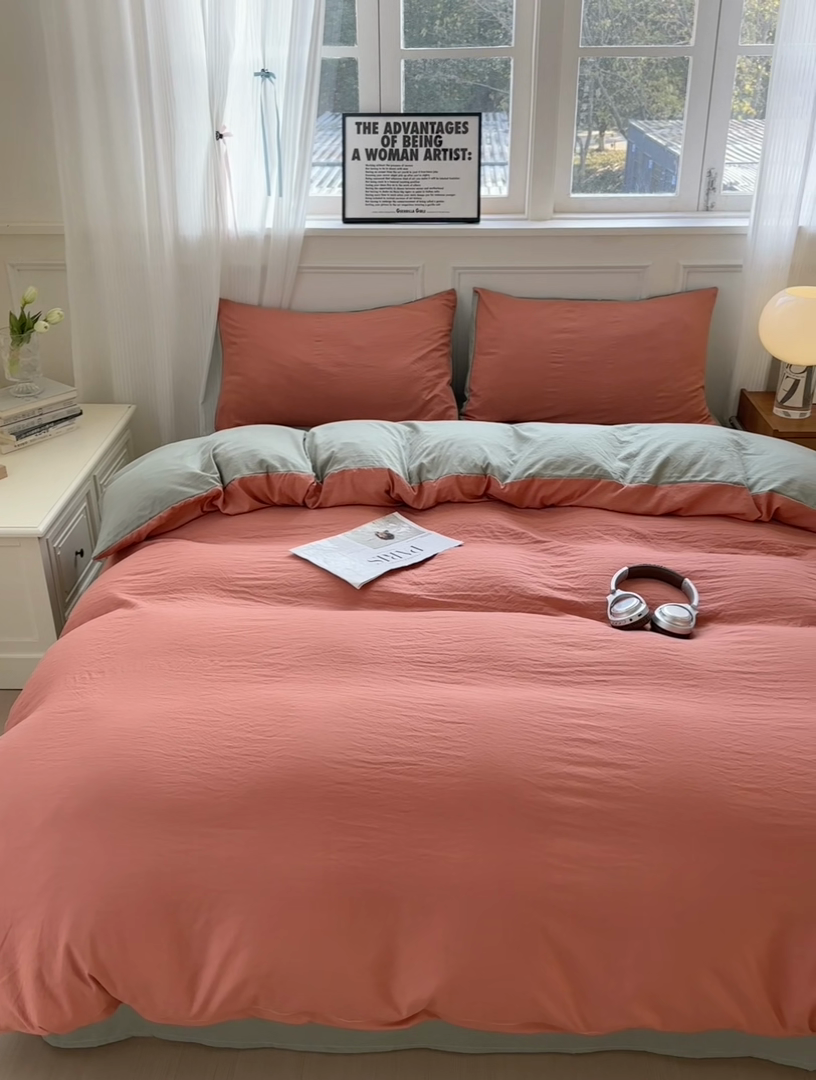 91家纺网 家纺一手货源 找家纺 冕悠家纺 2025新款A类105克超柔褶皱水洗棉拼色四件套-单被套 马仕橙+芥末绿